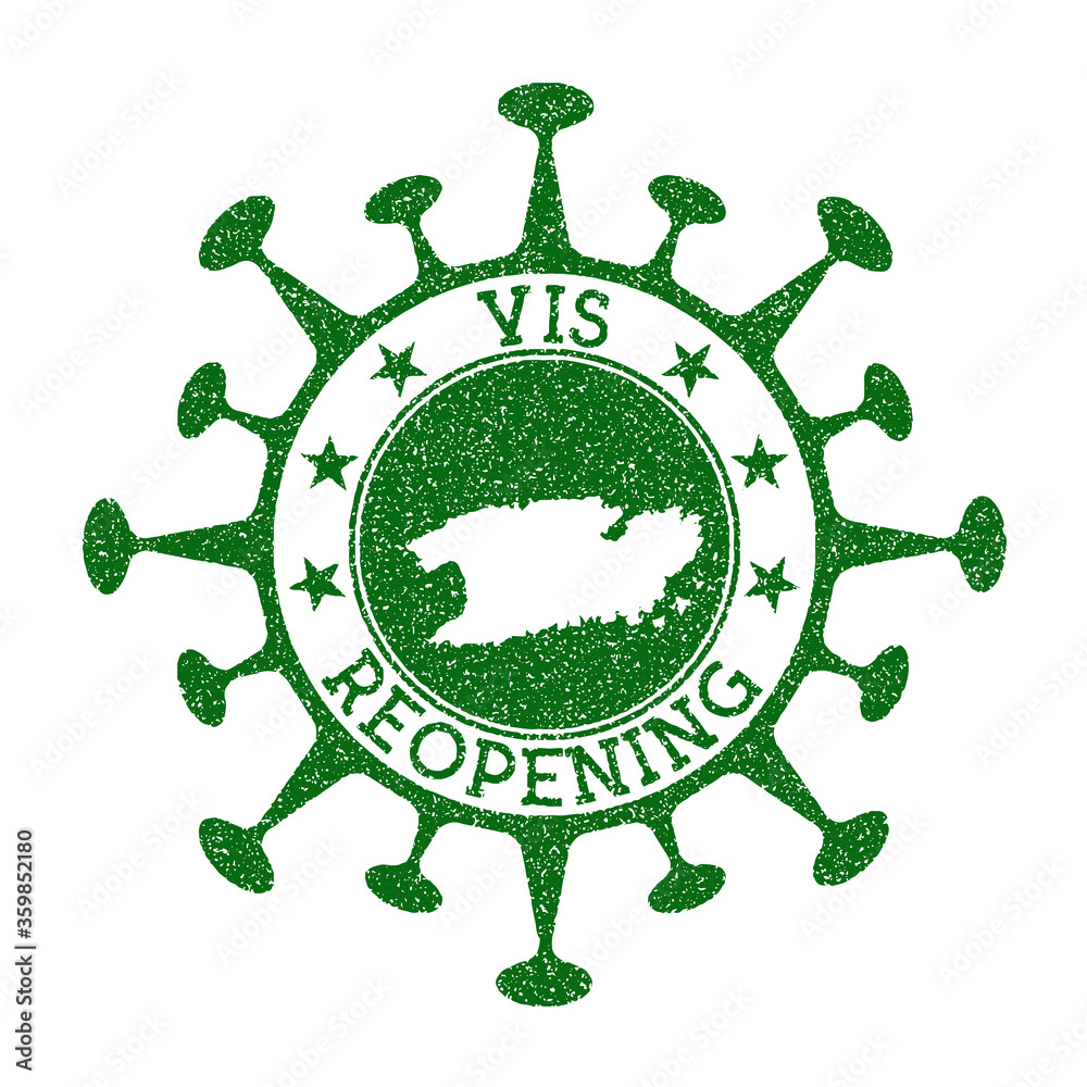 Vis Reopening Stamp. Green round badge of island with map of Vis. Island opening after lockdown. Vector illustration. Vis Reopening Stamp. Green round badge of island with map of Vis. Island opening after lockdown. Vector illustration.