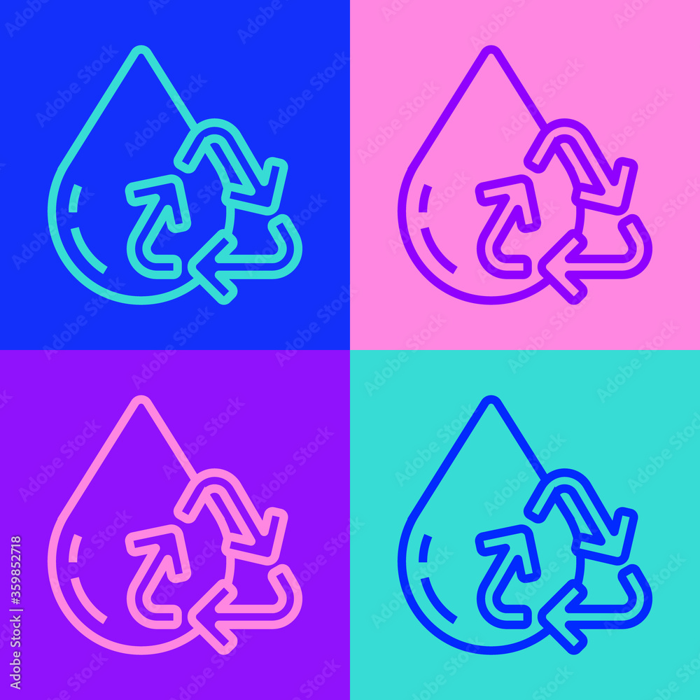 Pop art line Recycle clean aqua icon isolated on color background. Drop of water with sign recycling. Vector Illustration. Pop art line Recycle clean aqua icon isolated on color background. Drop of water with sign recycling. Vector Illustration.