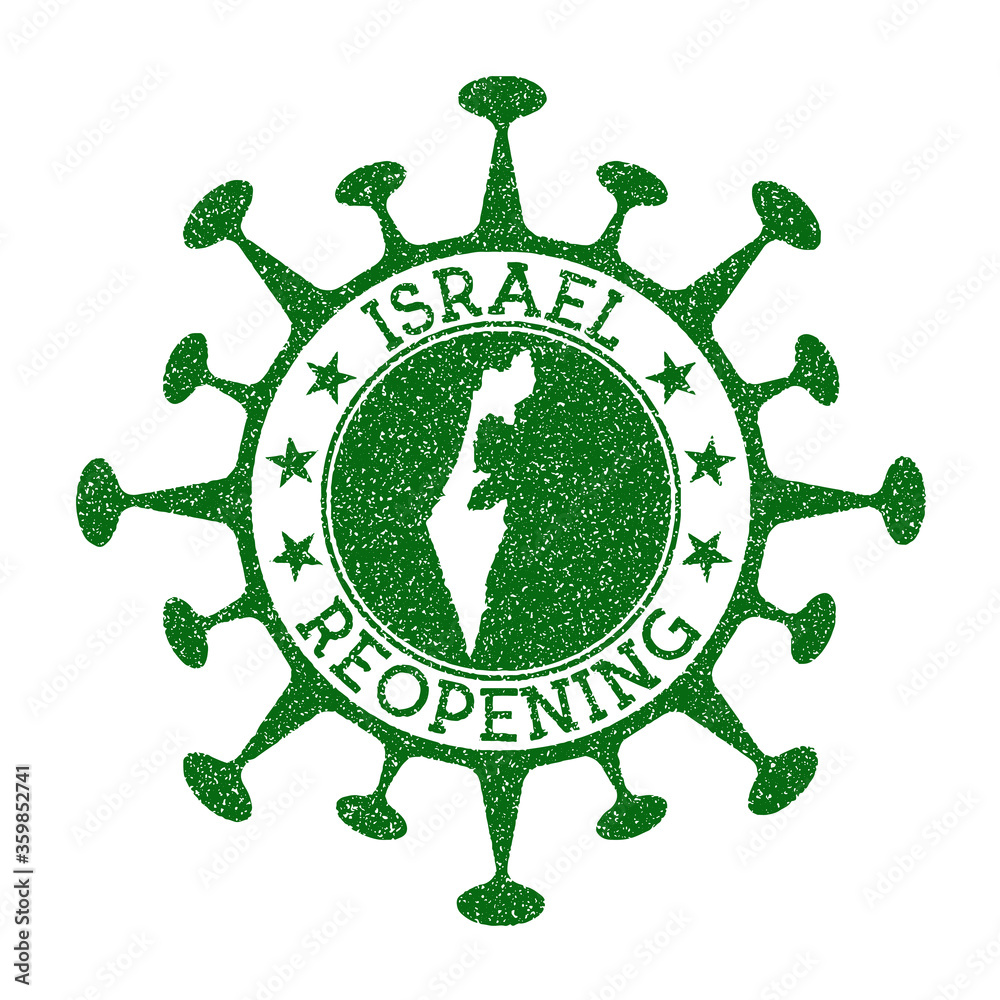 Israel Reopening Stamp. Green round badge of country with map of Israel. Country opening after lockdown. Vector illustration. Israel Reopening Stamp. Green round badge of country with map of Israel. Country opening after lockdown. Vector illustration.