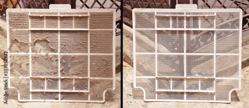 Air Conditioner Filter or AC filter Before and After pictures shows dust on it and a clean filter after washing it. 