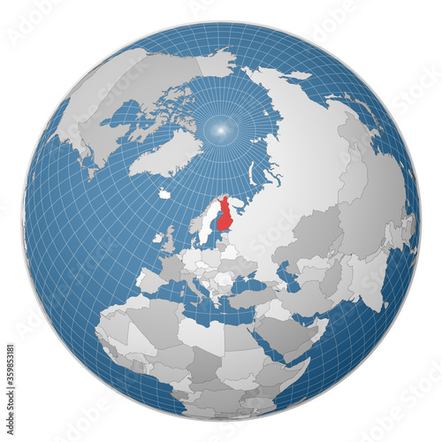 Globe centered on Finland. Country highlighted in green on world map. Satellite world projection. Awesome vector illustration.