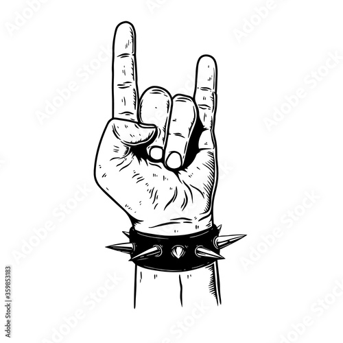 Vintage monochrome illustration of hand with rock and roll sign. Design element for logo, label, sign, poster, t shirt. Vector illustration