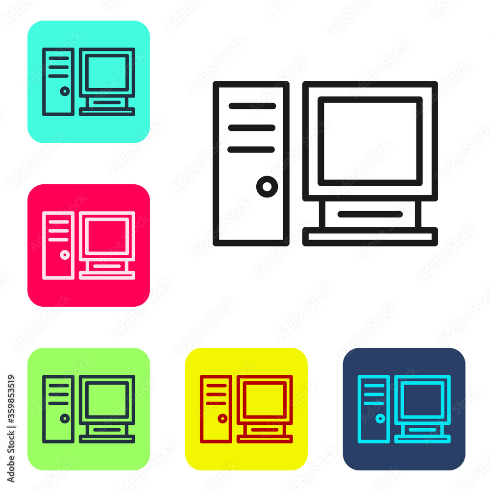 Black line Computer monitor icon isolated on white background. PC component sign. Set icons in color square buttons. Vector Illustration. Black line Computer monitor icon isolated on white background. PC component sign. Set icons in color square buttons. Vector Illustration.