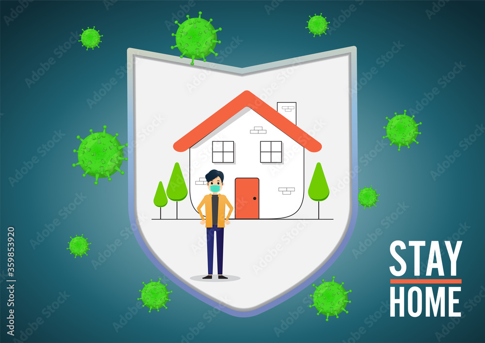 Everyone wearing medical mask and self isolation in home. pandemic of coronavirus and social distancing. staying at home with self quarantine to stop outbreak and protect virus spread.
