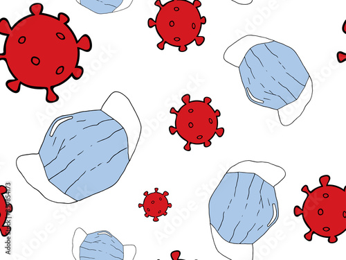 Seamless pattern with hand drawn reusable fabric face masks, makeshift masks coronavirus pandemic