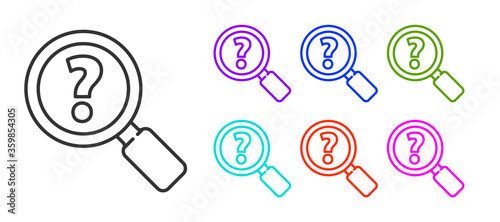 Black line Unknown search icon isolated on white background. Magnifying glass and question mark. Set icons colorful. Vector Illustration.