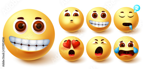 Smiley emoji vector set. Emojis yellow cute face with happy, in love, sleepy, vomit and crying mood facial expressions for character collection design. Vector illustration 