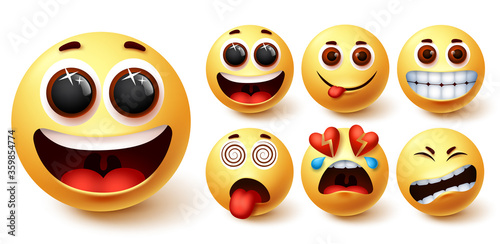 Smiley emojis vector set. Smileys emoji yellow face with happy, excited, hungry, dizzy, and broken hearted facial expression for social media character design collection. Vector illustration
