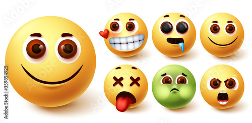 Smileys emoji vector set. Smiley emojis cute yellow face in happy, in love, hungry, tired, angry and vomit mood and feelings for character emoticon elements design. Vector illustration  