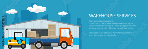 Banner of warehouse and delivery services , forklift truck and orange small cargo car with boxes , unloading or loading of goods and text, vector illustration