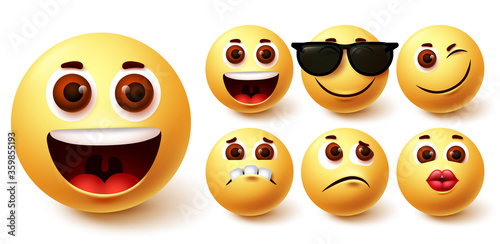 Emojis smiley vector set. Emoji smileys cute yellow face in different facial expressions like happy, kiss, sad, naughty and weird  for avatar social media collection design. Vector illustration  