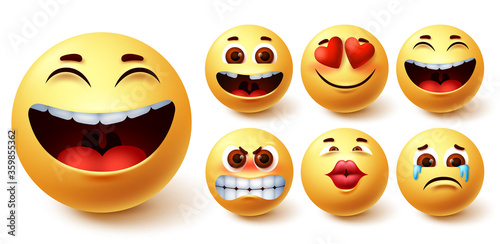 Emoji smileys yellow vector set. Smiley emoticon yellow cute faces in happy, cute, in love, laughing, crying and angry facial emotion for emoji icon collection design. Vector illustration
