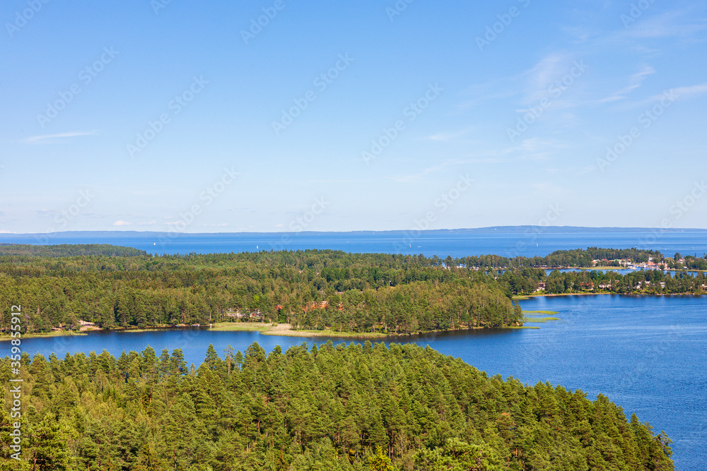 Aerial view at the archipelago at lake Vattern and Karlsborg city in Sweden