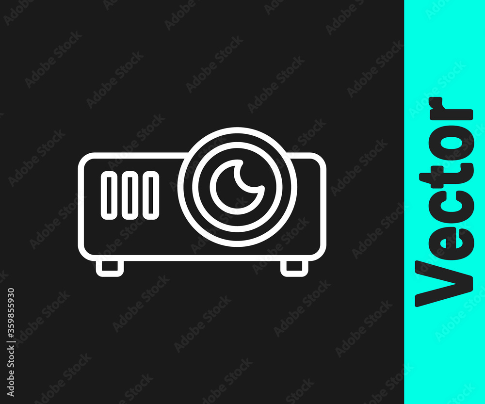 White line Presentation, movie, film, media projector icon isolated on black background. Vector Illustration.