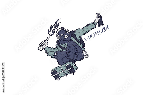 Vandal with a Molotov cocktail. Skateboarding and graffiti logotype. Cartoon vector illustration (ID: 359856502)