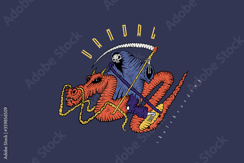 Vandal logotype. Death with a scythe. Chinese dragon. Skateboarding. Cartoon vector illustration on dark background (ID: 359856509)