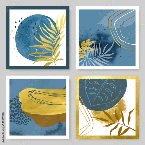 Set of abstract illustrations with watercolor texture, gold strokes and tropical leaves.Minimalistic design,hand-drawn creative elements.Backgrounds for decorating walls, covers,postcards, brochures