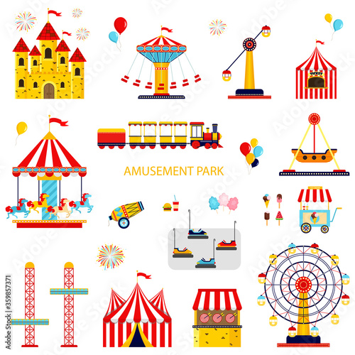 Amusement park. Carnival circus icons with tent, carousels, flags isolated on white background. Architecture entertainment elements for family rest in the park