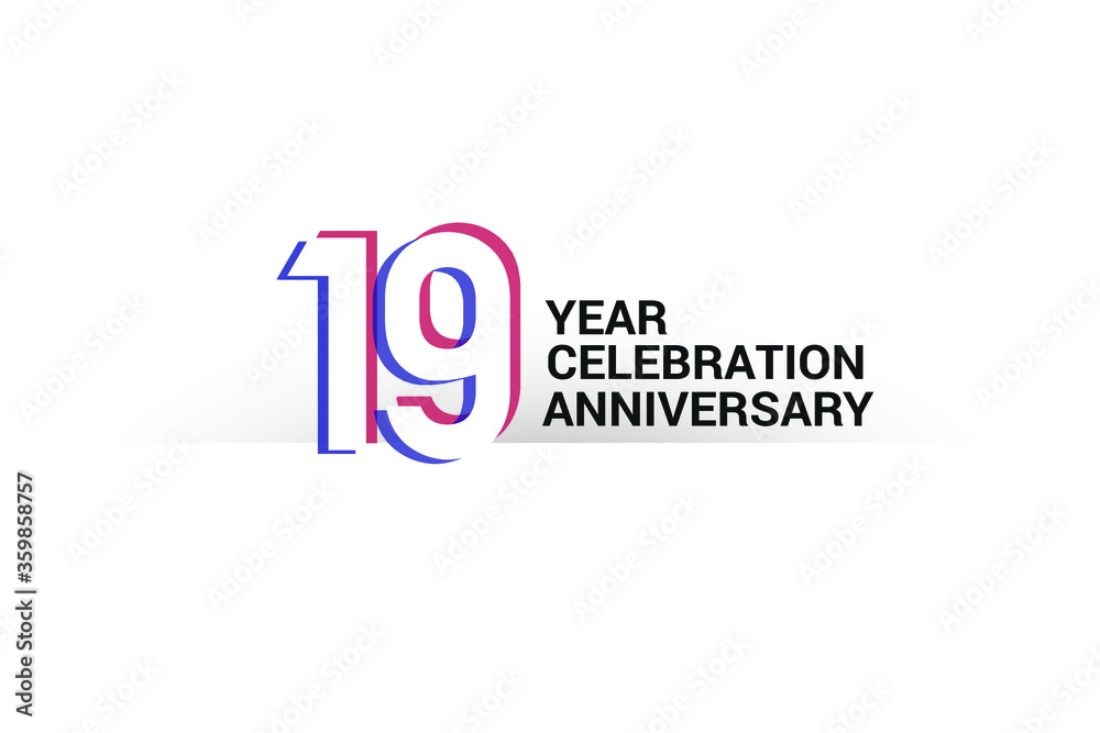 Obraz premium 19 year anniversary, minimalist logo years, jubilee, greeting card. invitation. Blue & Red Colors vector illustration on White background - Vector