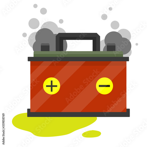 Broken car battery. rechargeable electricity accumulator. Damaged object. Gray smoke and green acid. Leaked electrolyte. Cartoon flat illustration. Breakdown and accident. Element of auto