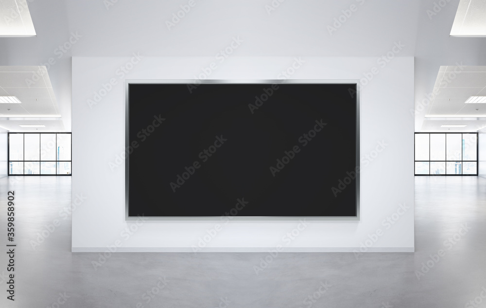 Panoramic frame Mockup hanging on office wall. Mock up of a billboard in modern company interior Panoramic frame Mockup hanging on office wall. Mock up of a billboard in modern company interior