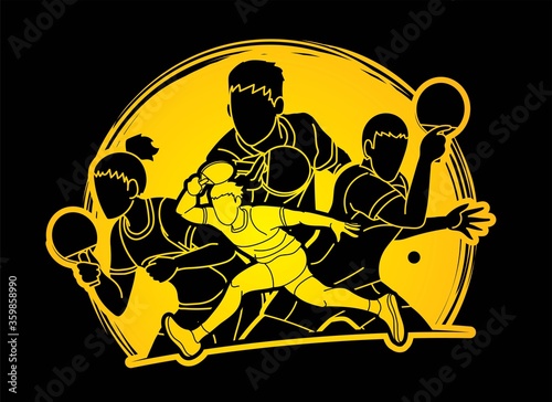 Group of Ping Pong players, Table Tennis players action cartoon sport graphic vector.