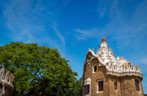 Stone house with mosaic roof in the famous Park Guell (Parc Guell 1900-1914), designed by Antoni Gaudi (1852-1926). UNESCO World Heritage Site in Barcelona, Catalonia, Spain, Europe