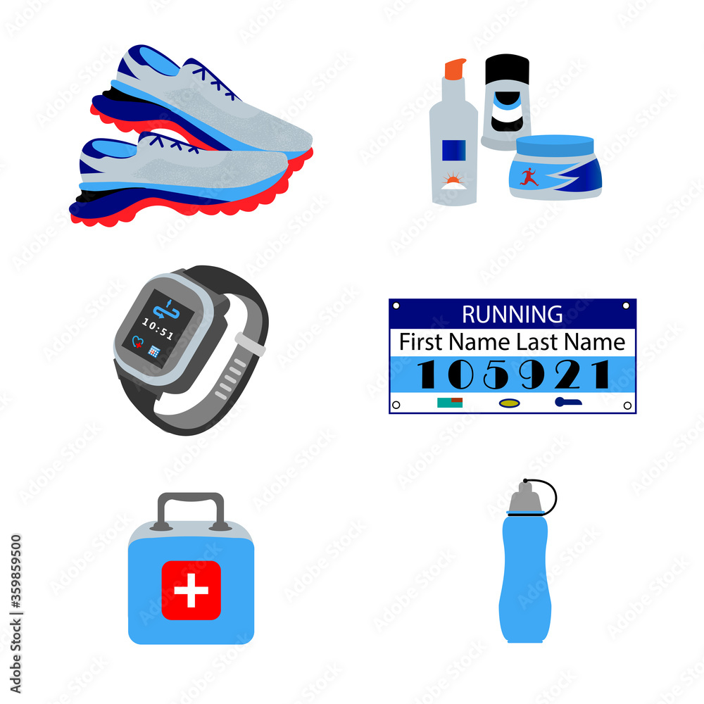 A set of items needed for running. Sports equipment concept with competitive marathon accessories A set of items needed for running. Sports equipment concept with competitive marathon accessories