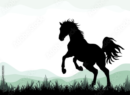 dark silhouette of a wild horse galloping against the evening sky, vector isolated monochrome image