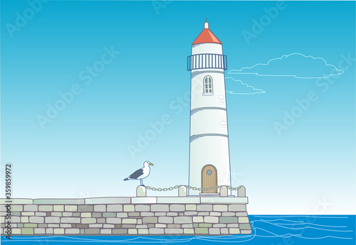 Lighthouse, blue sky, sea, quay, seagull, sea landscape
Vector illustration