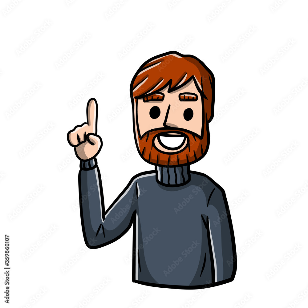 Man points up. Finger and hand gesture. Young smiling guy. Hand-drawn illustration. Happy emotion.