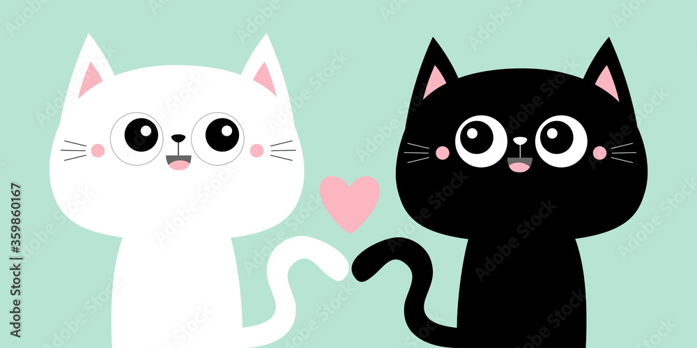 Cute black cat kitty kitten set. Pink heart. Kawaii cartoon character. Smiling face, tail. Happy Valentines Day. Baby greeting card tshirt notebook cover print. Blue background. Flat design