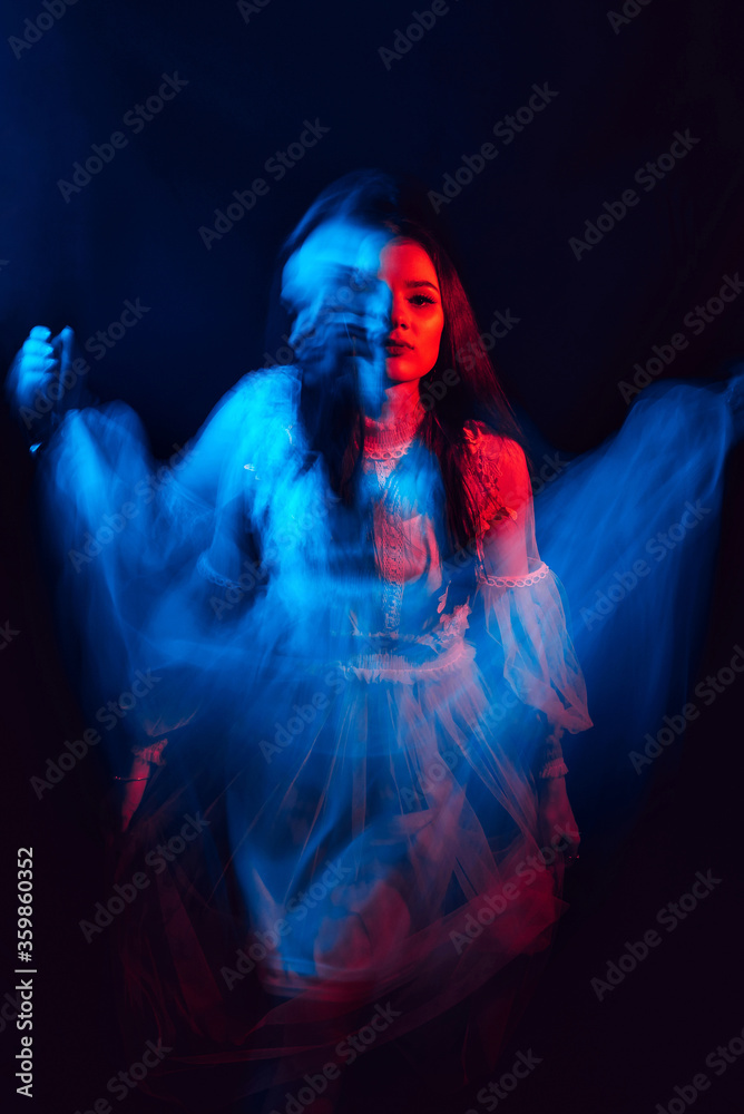 blurred mystical scary portrait of a young Ghost girl with mental disorders