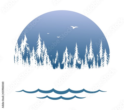 The Coniferous forest symbol with lake and birds.