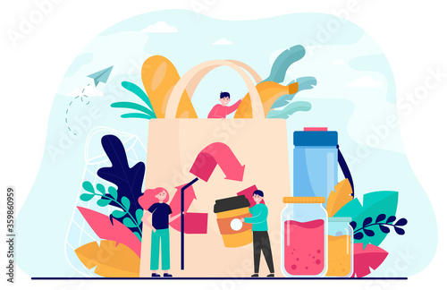 People packing organic food into eco bag  sorting plastic waste for recycling. Vector illustration for eco friendly shopping  sustainable development  environment care concept