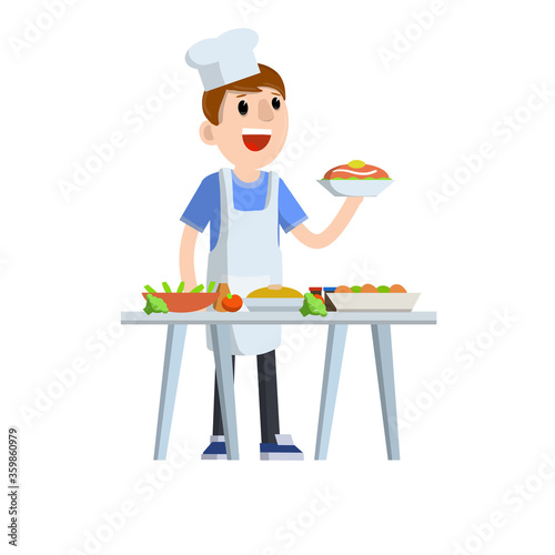 Flat Man cook holding plate of food. Table with delicious meal and dishes. Element of kitchen. Cartoon illustration. Guy in white apron. Chef and waiter at work in restaurant and cafe