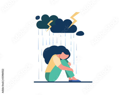 Young lonely girl sitting under storm cloud isolated flat vector illustration. Cartoon unhappy woman crying because of problems. Depression and mental disorder concept
