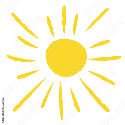 Hand-drawn sun. Element of summer and nature. Yellow warm object. Heat and hot. Cartoon illustration. Children's drawing