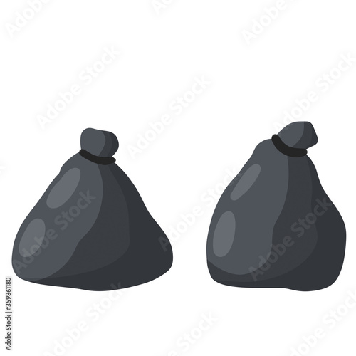 Black trash bag and trash. set of objects. Cartoon flat illustration. Plastic packaging. Processing of wastes. problem of ecology and junk