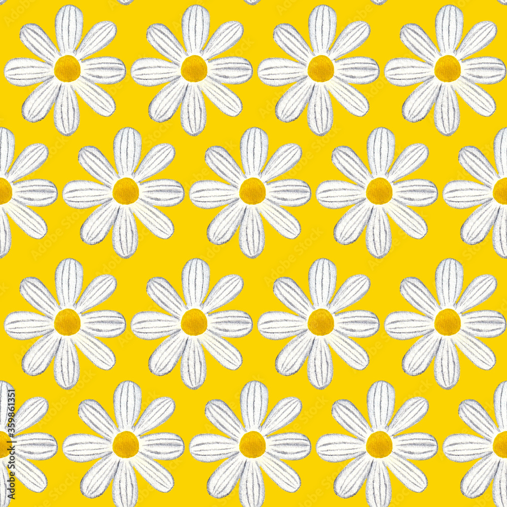 Seamless pattern with daisy on yellow background, hand painted watercolor illustration