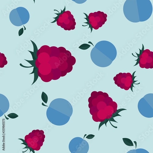 Vector seamless pattern with icons of plums, raspberries with leaves on a pastel blue background. Flat minimalistic illustration. Artwork for packaging design of juice, baby food, jam, textiles.