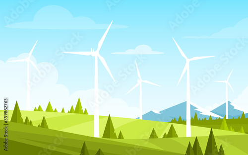 Vector illustration of alternative energy resource with rotation windmills, wind turbines, field, mountains, trees, forest and beautiful sky. Summer landscape and windmill elements as symbol of ecolog