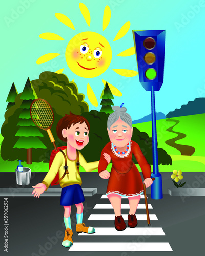 teenager helps grandmother cross the road
