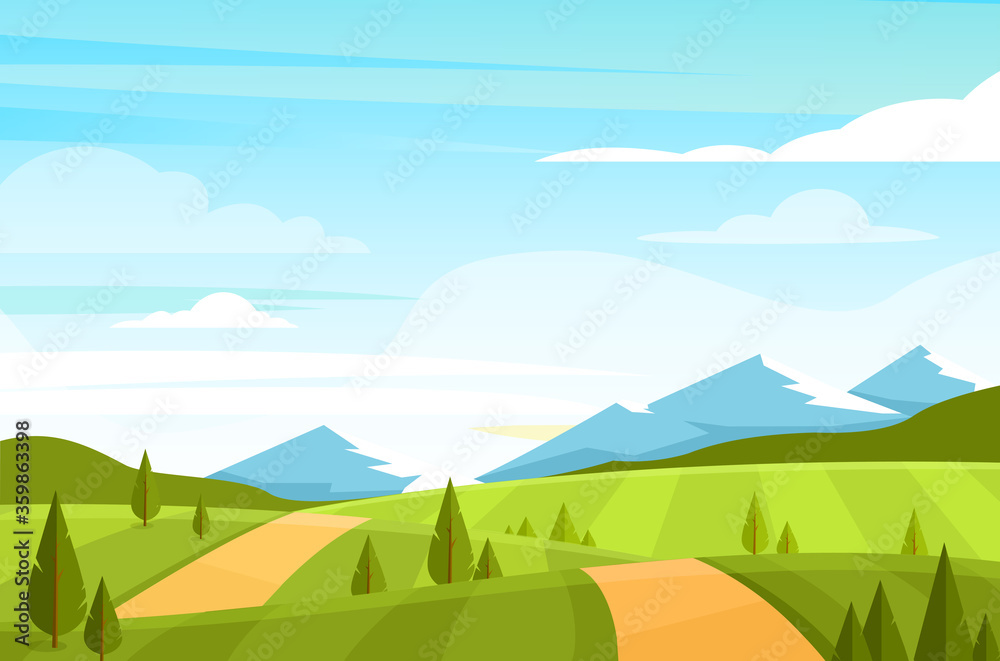 Obraz premium Vector illustration of field landscape with hills, valley, forest, trees, dales and mountains on the horizon. Summer green rural landscape with beautiful view.