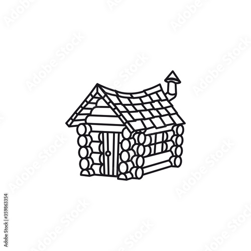 Small crooked log cabin vector line icon