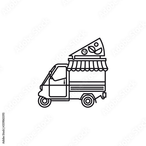 Small italian pizza food truck tricycle vector line icon