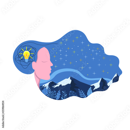 
Modern flat character. Woman with a dream of nature. Creative dream. The idea in a dream. Woman character in a dream. Concept in flat color graphics. Vector illustration
