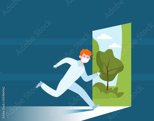 Young man in protective uniform running outside. Mask, doctor, nature flat vector illustration. Isolation and quarantine concept for banner, website design or landing web page