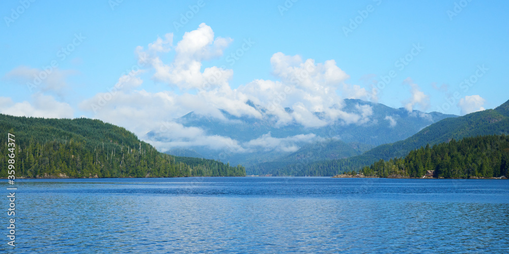 Panoramic view of the mountains around ocean bay near Bamfield in Canada.
