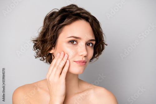 Portrait of lovely pretty charming girl have skin care plastic surgery procedure look in mirror touch finger hands face isolated over gray color background